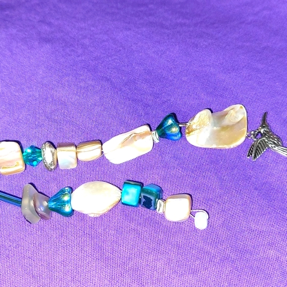 Hair Sticks Wooden with Abalone  Glass Beads and a Hummingbird. Handmade - Picture 4 of 6